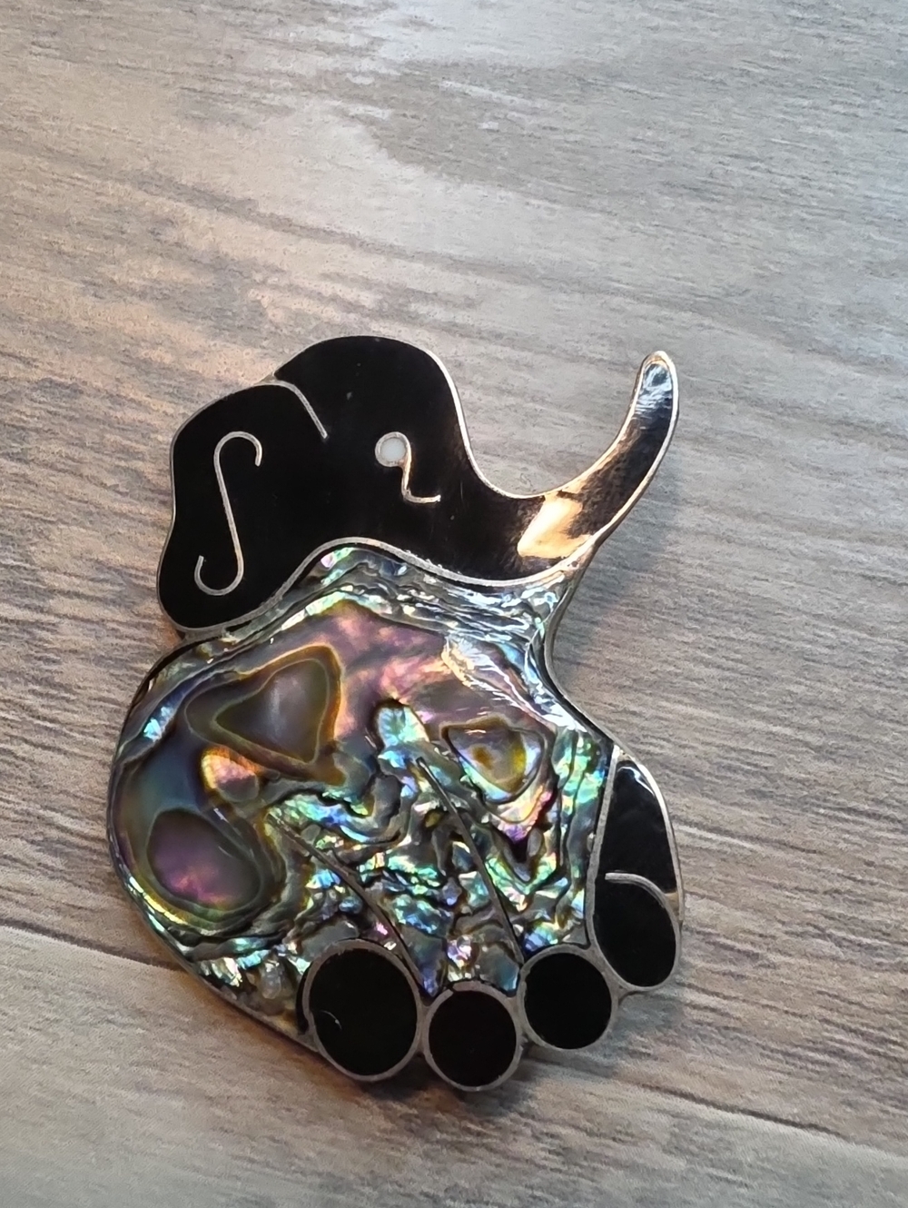 Source Unknown Iridescent Abalone Elephant Brooch - Black and Multicolor